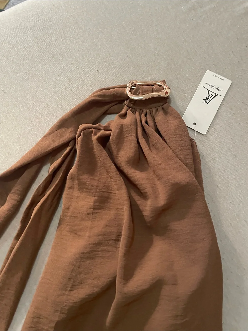 Italian made Brown Halter Maxi Dress with Gold Ring Detail - Picture 8 of 9